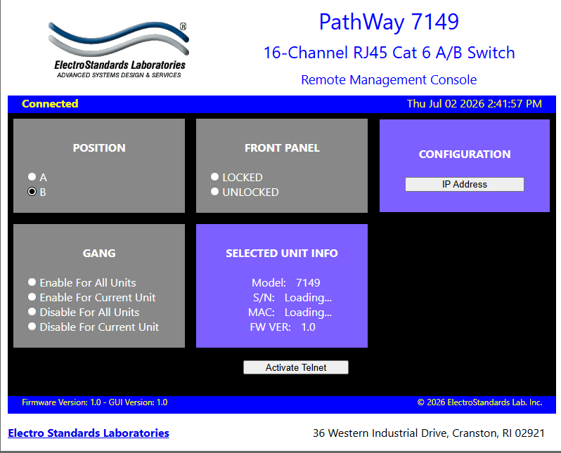 PathWay® Model 7149 Main GUI Panel